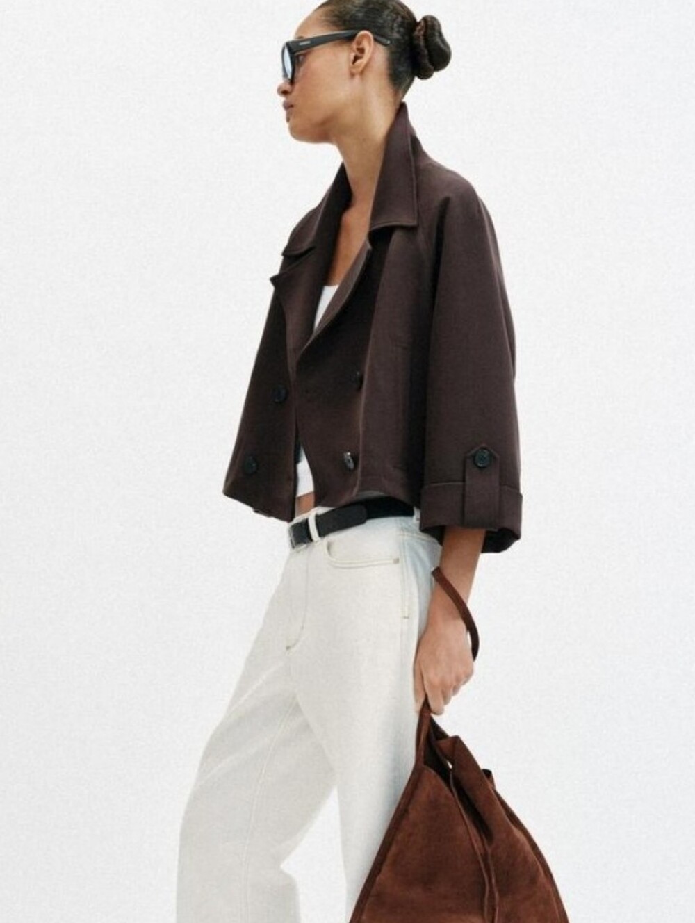 Zara Cropped Double-Breasted Trench Coat Dark Brown With Rolled Up Sleeves Sz-M